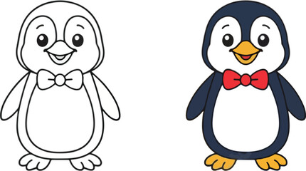 Cute cartoon penguin with red bow tie illustration and black outline for coloring book isolated on white background