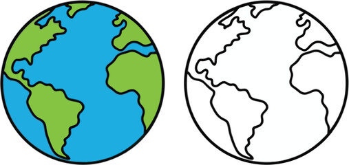 Simple Earth globe icon vector set colored and outline drawing for education and web design