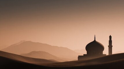 Obraz premium Serene Desert Landscape with Mosque and Mountains at Dusk