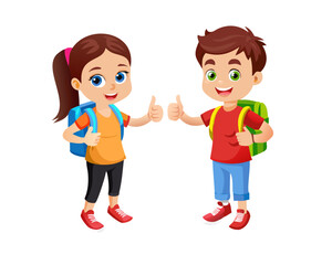 3d Happy cartoon boy and girl with backpacks giving thumbs up isolated on transparent background