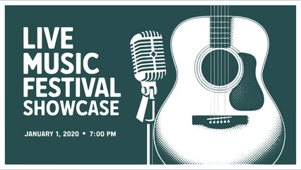 Retro live music festival poster with vintage microphone and acoustic guitar illustration on dark teal background