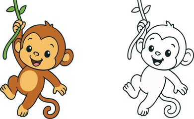 Cute happy baby monkey cartoon illustration swinging on a vine isolated on white background