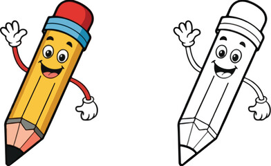 Cute Happy Pencil Cartoon Coloring Page for Kids – Printable Line Art