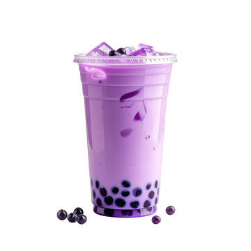A vibrant purple taro bubble tea drink in a clear plastic cup, clipart, isolated on a transparent background.