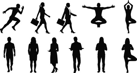 Silhouette illustration of diverse people in yoga, business, running, and casual poses representing lifestyle, movement, mindfulness, and professional roles