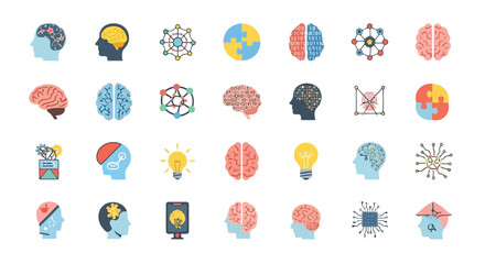 Collection of icons representing brain, mind, technology, and ideas