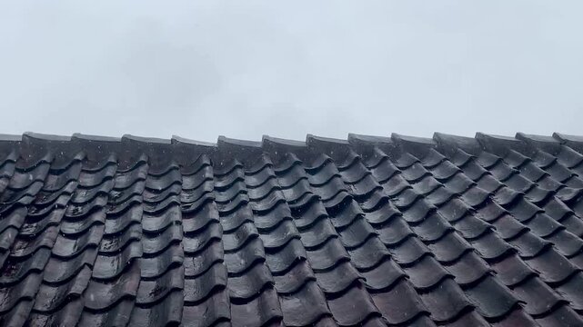 Rain Drops Falling on Dark Clay Roof Tiles with Sound