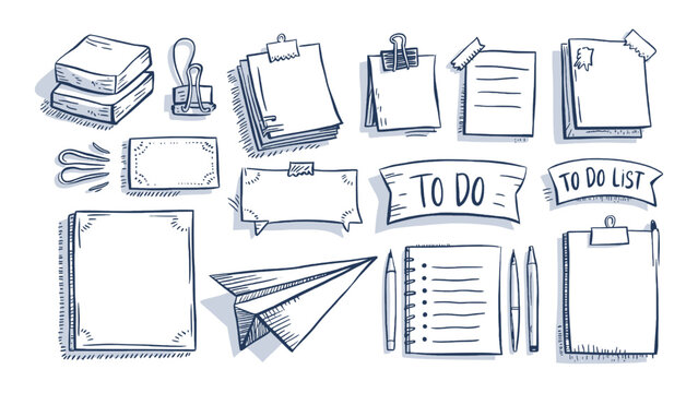 Hand drawn stationery doodle set with to do list, notes, clips, clipboard, pens, paper plane, blank banners, planner icons vector
