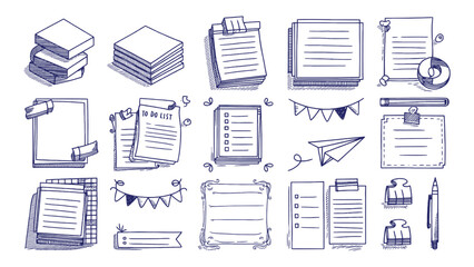 Hand drawn office stationery doodle set with paper notes checklist to do list banner pen clip paper plane vector illustration