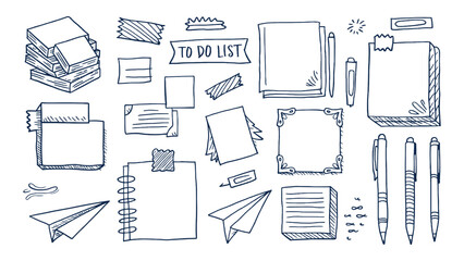 Hand drawn stationery doodle set with to do list paper notes pens paper plane frame tape sketch office vector illustration