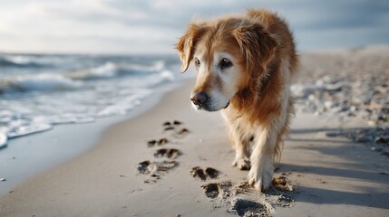 Senior golden retriever dog walking along the shore near the ocean, leaving paw prints in the wet sand during a picturesque beach sunset