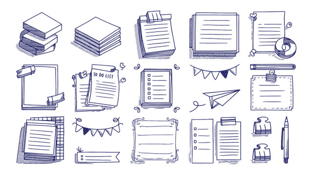 Hand drawn office stationery doodle set with paper notes checklist to do list banner pen clip paper plane vector illustration