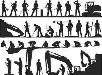 Construction workers, excavators, heavy machinery, infrastructure development, labor force, industrial site, silhouette illustration, teamwork, tools, engineering, black and white