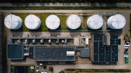 Aerial View of Industrial Facility with Storage Tanks and Pipelines