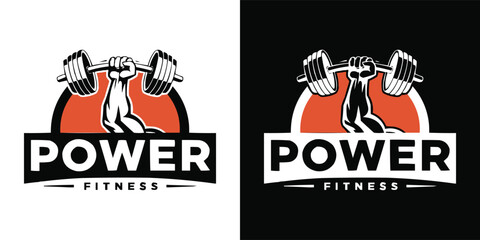 Power Fitness gym logo with muscular arm lifting barbell in bold black and orange design for sports training branding and bodybuilding inspiration