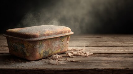 Fototapeta premium Vintage baking dish with flour and dust on rustic wooden table