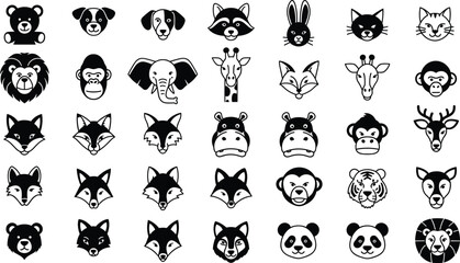 Obraz premium Animal face icon vector set featuring 35 black and white cartoon-style heads of wild and domestic animals for graphic design