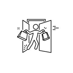 Fototapeta premium Outline icon of a person with shopping bags walking through a door.