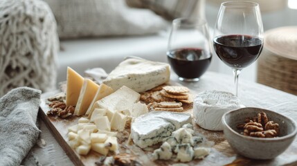 Fototapeta premium Cheese and Wine Pairing on Wooden Board with Glasses of Red Wine