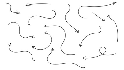 Collection of Hand-Drawn Arrow Icons. Abstract Grunge Scribble, Chalk Texture, and Brush Stroke Lines in Curved Up and Down Directions. Vector Illustration