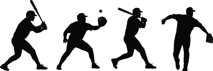 Baseball player silhouettes in action poses including batter, pitcher, fielder, and swing motion isolated on white background for sports design