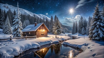 Serene Winter Cabin by a Moonlit Stream, Snow-Covered Trees and Starry Night Sky