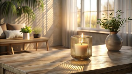 Serene Candlelight Illuminates a Cozy Interior Scene with Natural Light Streaming Through a Window, Casting Gentle Shadows on Wooden Surfaces and Greenery