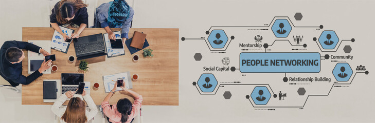 A diverse group of professionals actively engaging in networking activities at a wooden table, showcasing collaboration, innovation, and relationship building in a modern workspace. Tessel