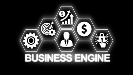 Business engine infographic with gear target growth and cybersecurity icons on black background
