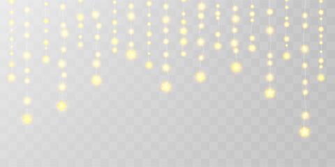 Light bulbs curtain, star festoon header. Fairy garland hanging strings. Christmas decoration png, holiday lamp ball, gold glitter festive pattern. 3d wire wedding party ornament, warm bokeh frame.
