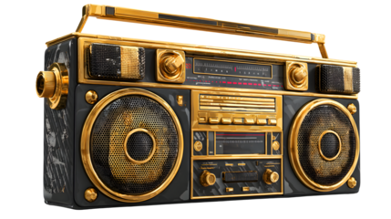 Ornate vintage gold and black boombox stereo cassette player with handle isolated on transparent background