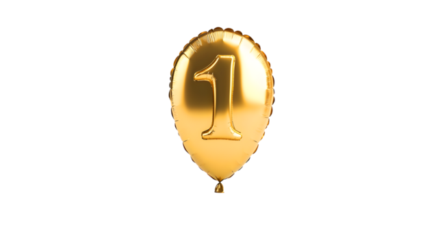 Shiny golden oval balloon with the number one reflected on its surface isolated on transparent background