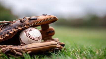 Baseball in a glove on green grass. Represents sport and recreation.