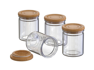 Multipurpose transparent glass bottles with wooden lids arranged in a disorderly manner without...