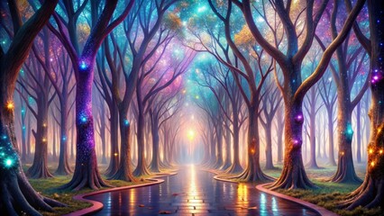 Fototapeta premium Enchanted Pathway Through a Glimmering, Mystical Forest of Sparkling Trees with a Serene, Illuminated Walkway