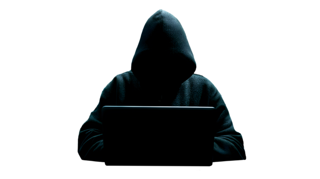Mysterious hooded figure in dark clothing with a glowing laptop screen isolated on transparent background
