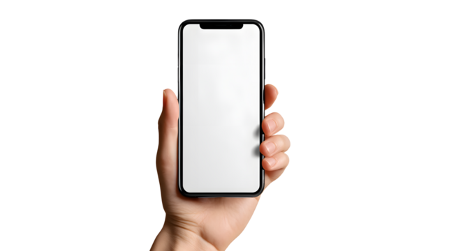 Close up of a hand holding a modern smartphone with a blank white screen isolated on transparent background