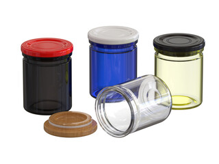 Multipurpose transparent glass bottle with colorful cap without background. Glass bottle packaging mockup.