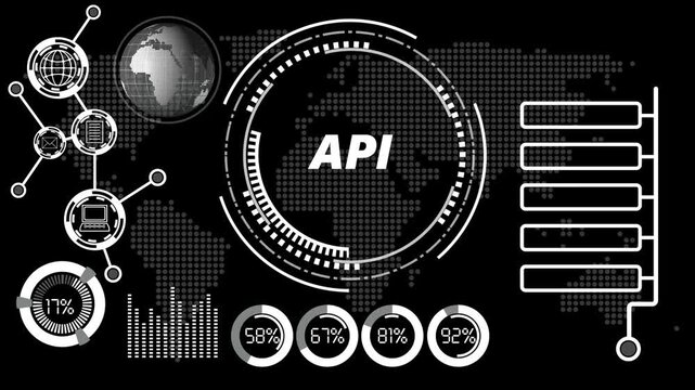 API concept. Financial success concept of virtual screen. Business, technology, internet and networking concept. World map background 4k video