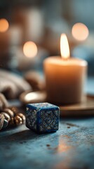 Decorative Wooden Cube Near Lit Candle and Warm Background Ambiance