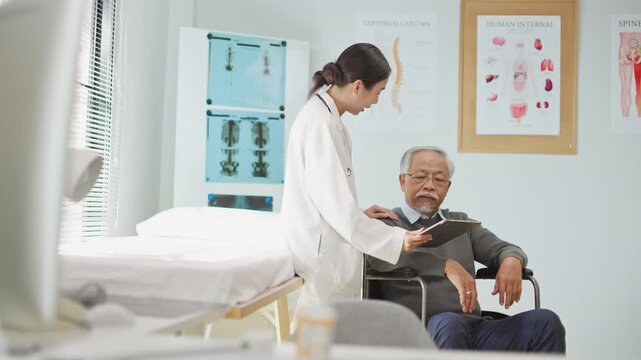 Asian female doctor using a digital tablet to explain health information to an elderly male patient, incorporating AI-assisted tools for better diagnosis, data analysis, and patient understanding.