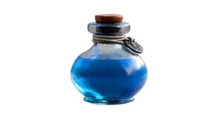 A small glass bottle filled with vibrant blue liquid and sealed with a cork stopper isolated on transparent background