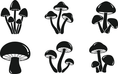 Black and white mushroom silhouette vector set featuring diverse fungi shapes for botanical, culinary, forest nature and educational design use