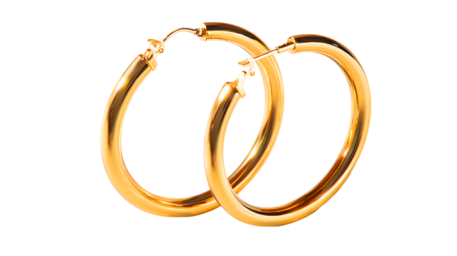 Elegant polished gold hoop earrings presented as a pair showcasing their smooth curves and luxurious shine isolated on transparent background