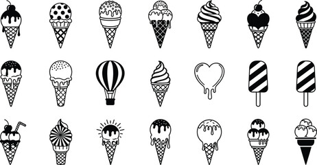 Black and White Ice Cream Icon Set with Cones, Popsicles, Sundaes, Summer Treats, Dessert Symbols, Minimal Style Vector Collection