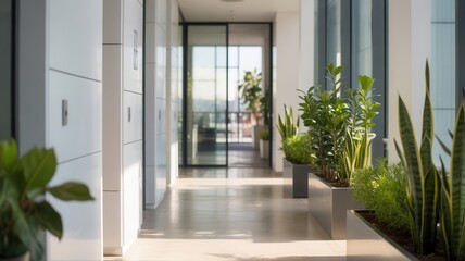 Fototapeta premium Modern interior hallway with lush green plants and natural light creating a serene atmosphere