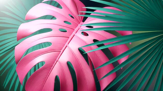Vibrant pink monstera leaf surrounded by lush green palm fronds in sunlight