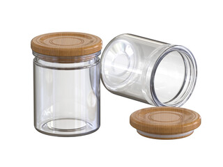 Multipurpose clear glass bottle with lid, placed vertically and another lid placed sideways with the lid placed on the side.