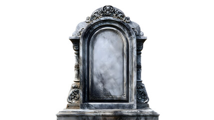 Ornate antique gothic tombstone monument with weathered stone texture and empty memorial plaque isolated on transparent background