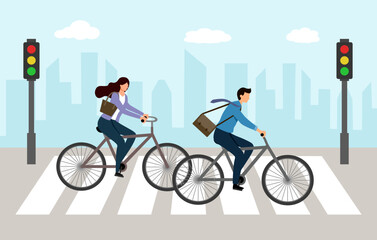 Businessman and woman with bicycle traveling to work in city. Crossing road by crosswalk with zebra markup.